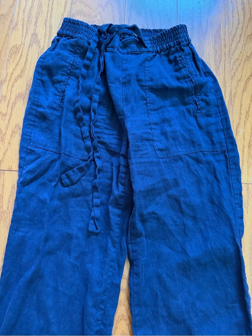 Zara Women's Navy Blue Drawstring Wide-Leg Linen Trousers Small S